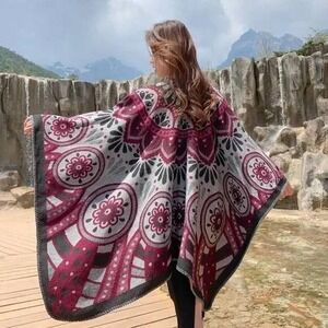new boho southwestern vacation‎ maroon black gray oversized poncho wrap winter